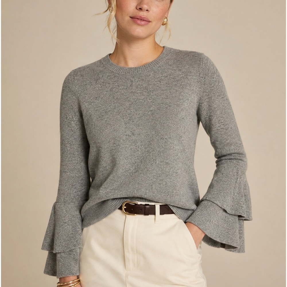 J.Crew Small Sweater Gray Tiered Bell Sleeve Crew Neck Heathered Knit Pullover